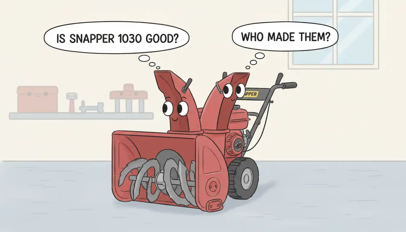 A red, two-stage Snapper 1030 snowblower with a large auger and discharge chute, parked on a clean concrete surface.