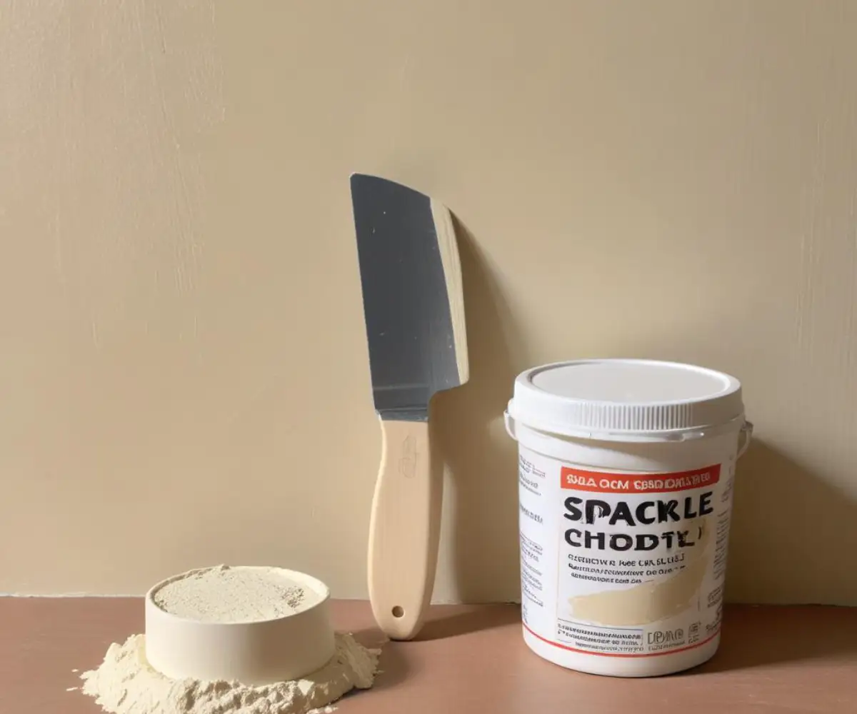 A container of non-toxic spackle next to a putty knife on a freshly repaired and smoothed plaster wall.