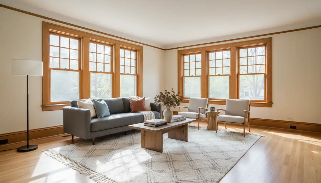 Interior of a room with natural wood trim around the windows and baseboards, contrasted with a neutral-colored wall.