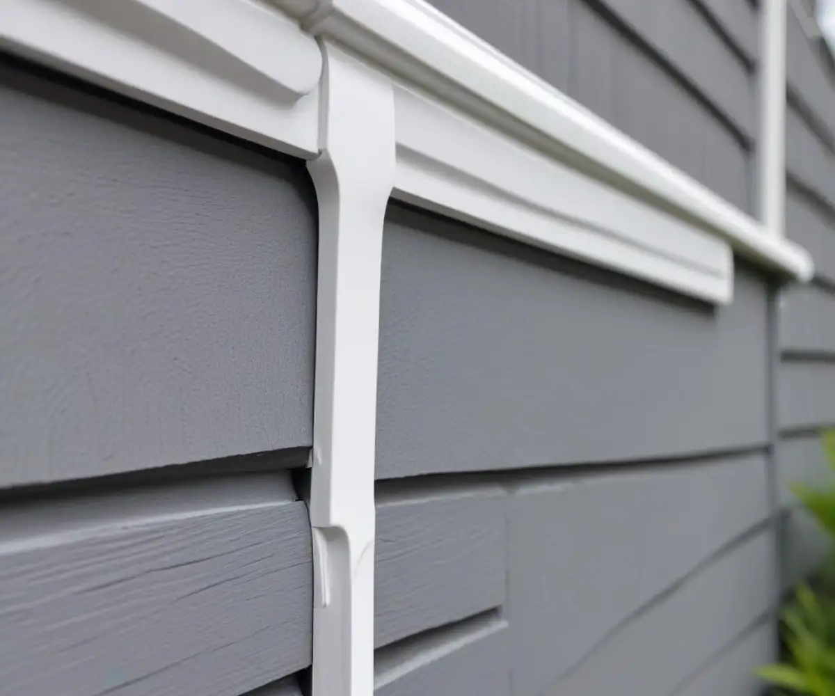 Close-up of white vinyl J-channel installed along the bottom edge of gray horizontal siding.