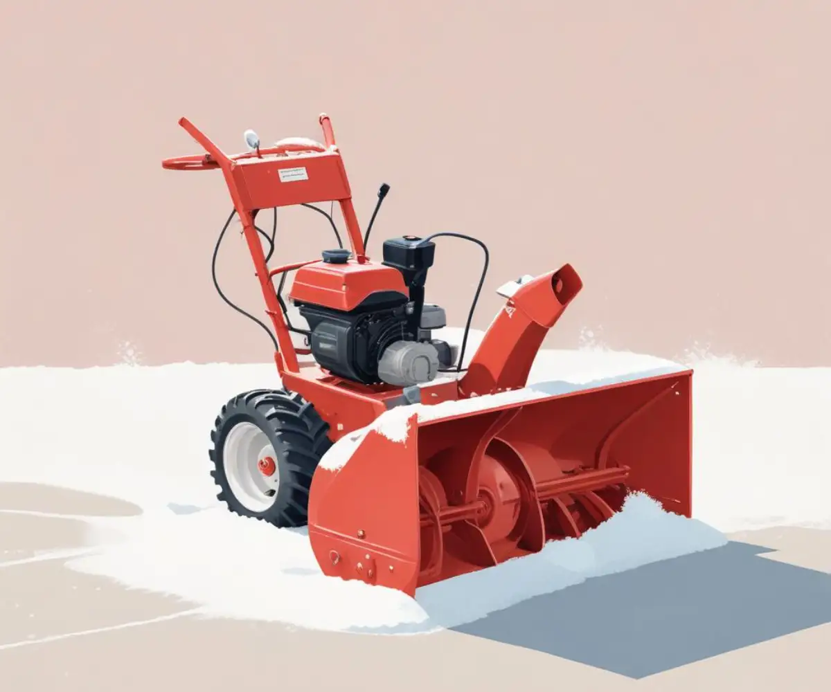 A vintage red and white Jacobsen Imperial 826 two-stage snowblower parked on a clean concrete surface.