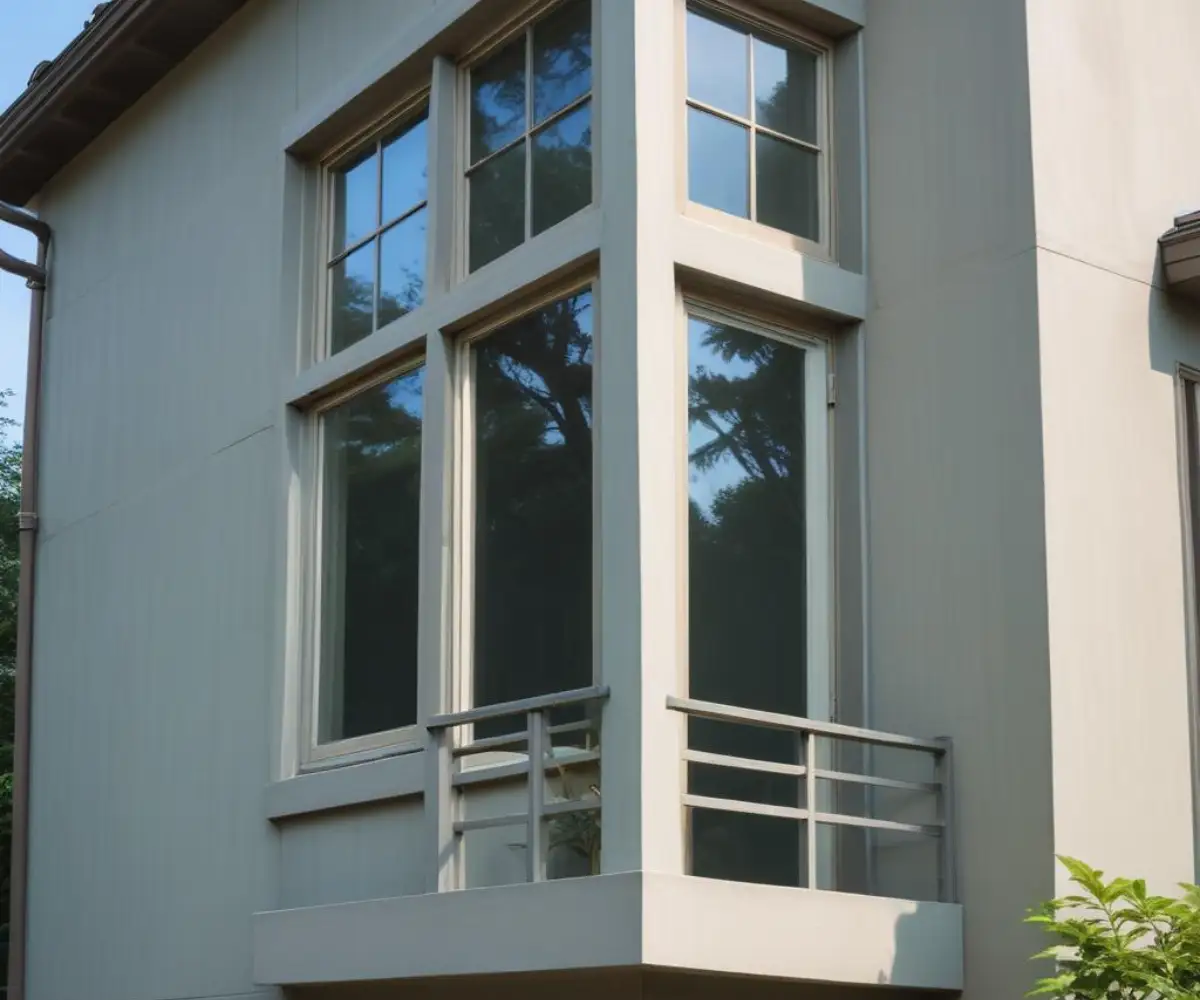 Corner of a modern house showing fiber cement lap siding and thick exterior window trim.