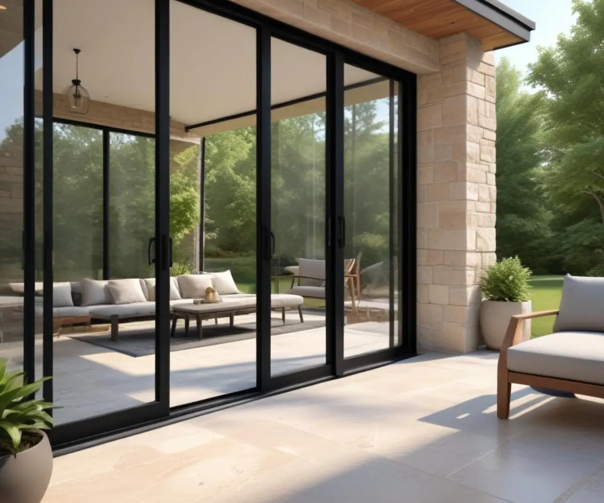 A modern glass sliding patio door with a black frame, leading out to a stone patio with outdoor furniture.