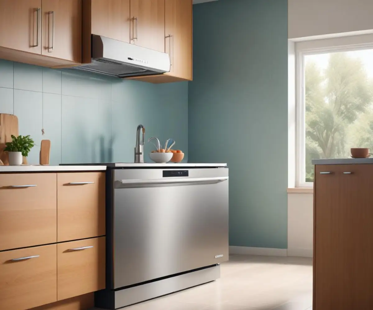 A sleek, stainless steel Jenn-Air dishwasher placed next to a modern Bosch dishwasher in a bright, contemporary kitchen.