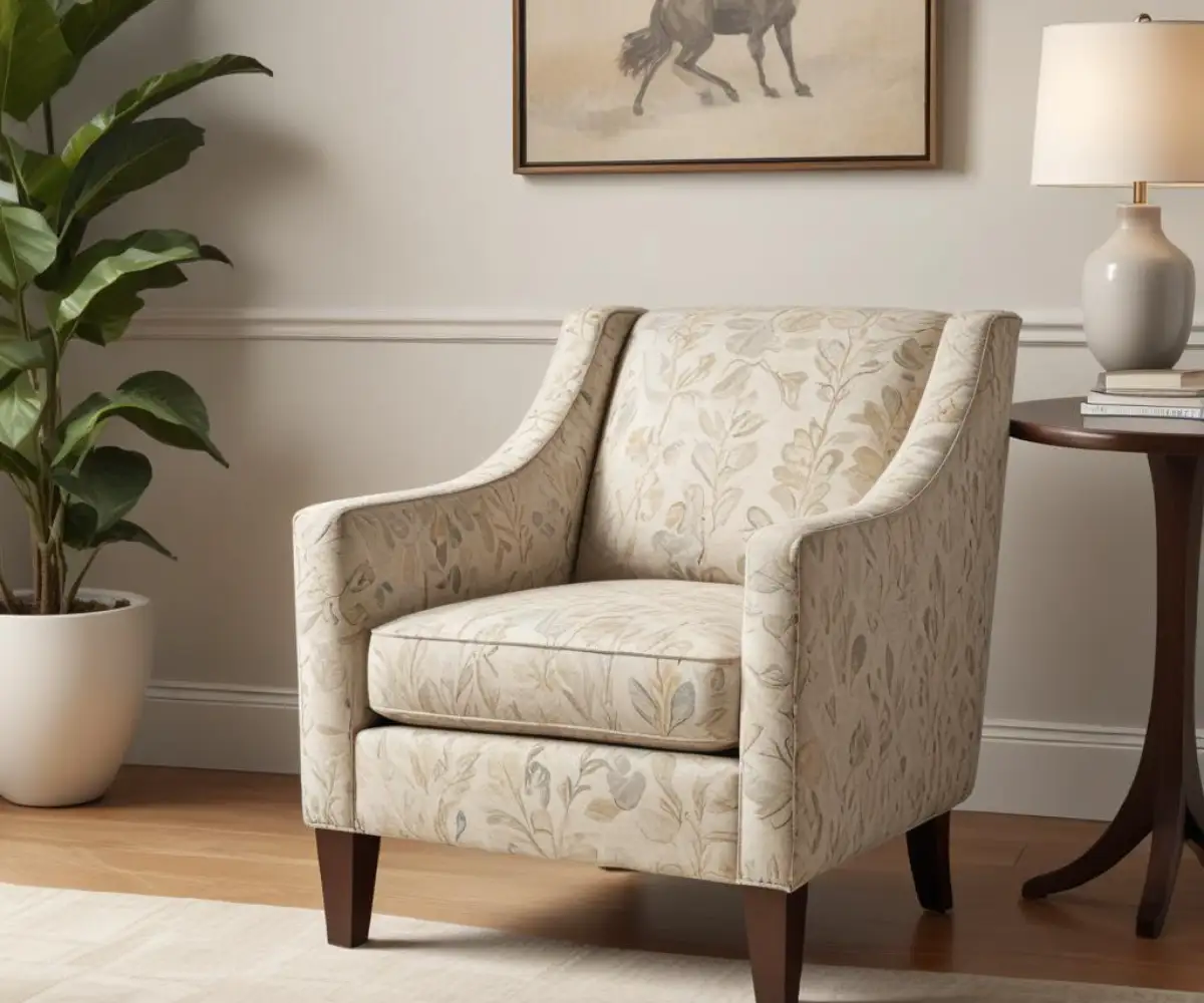 A Jessica Charles upholstered accent chair with a classic silhouette and patterned fabric, placed in a well-lit living room corner.