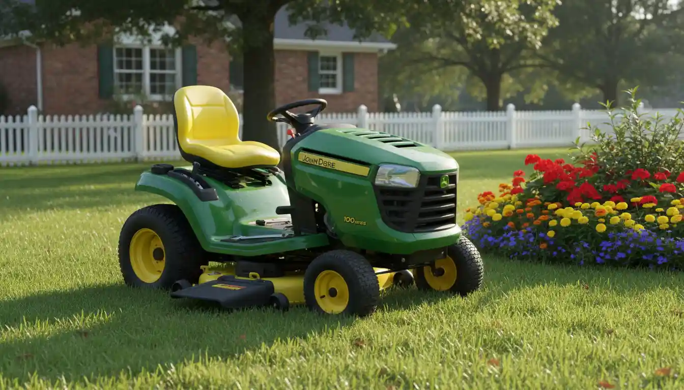 A green and yellow riding lawn mower parked on a lush green lawn next to a flower bed.