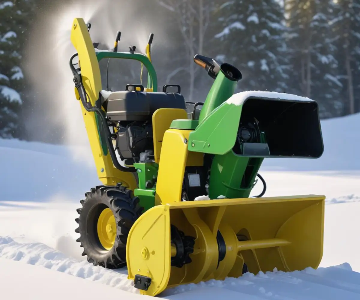 A green and yellow two-stage snowblower with a large auger housing and a black discharge chute.