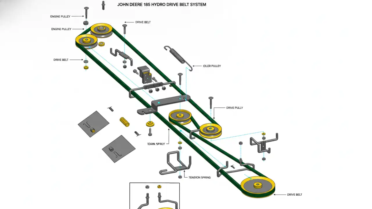 Schematic of a lawn tractor hydrostatic drive belt and pulley system.