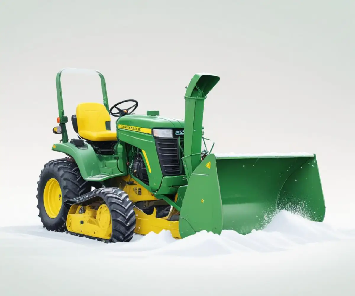 A green and yellow John Deere 524 two-stage snowblower on a clean, white background.