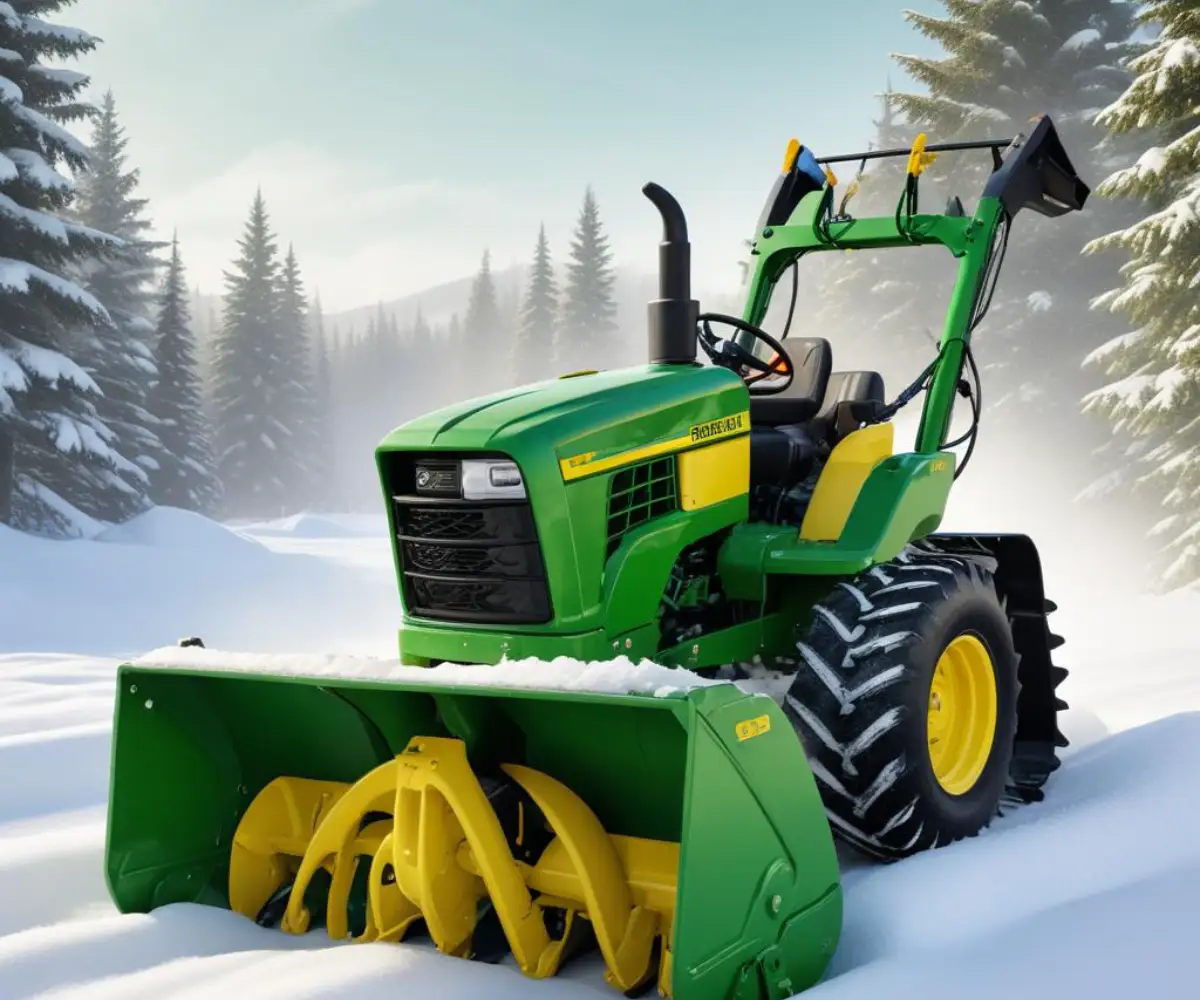 A green and yellow John Deere 524 two-stage snowblower on a clean, white background.