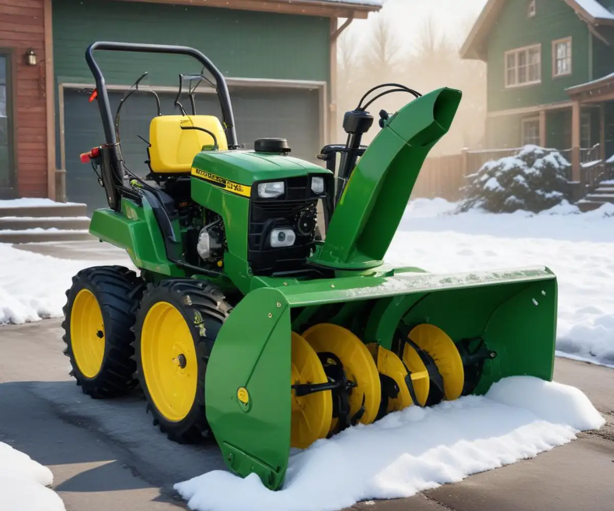 A John Deere 524D snow blower with a green body and yellow wheels, featuring a black chute and handlebars, parked on a paved surface.