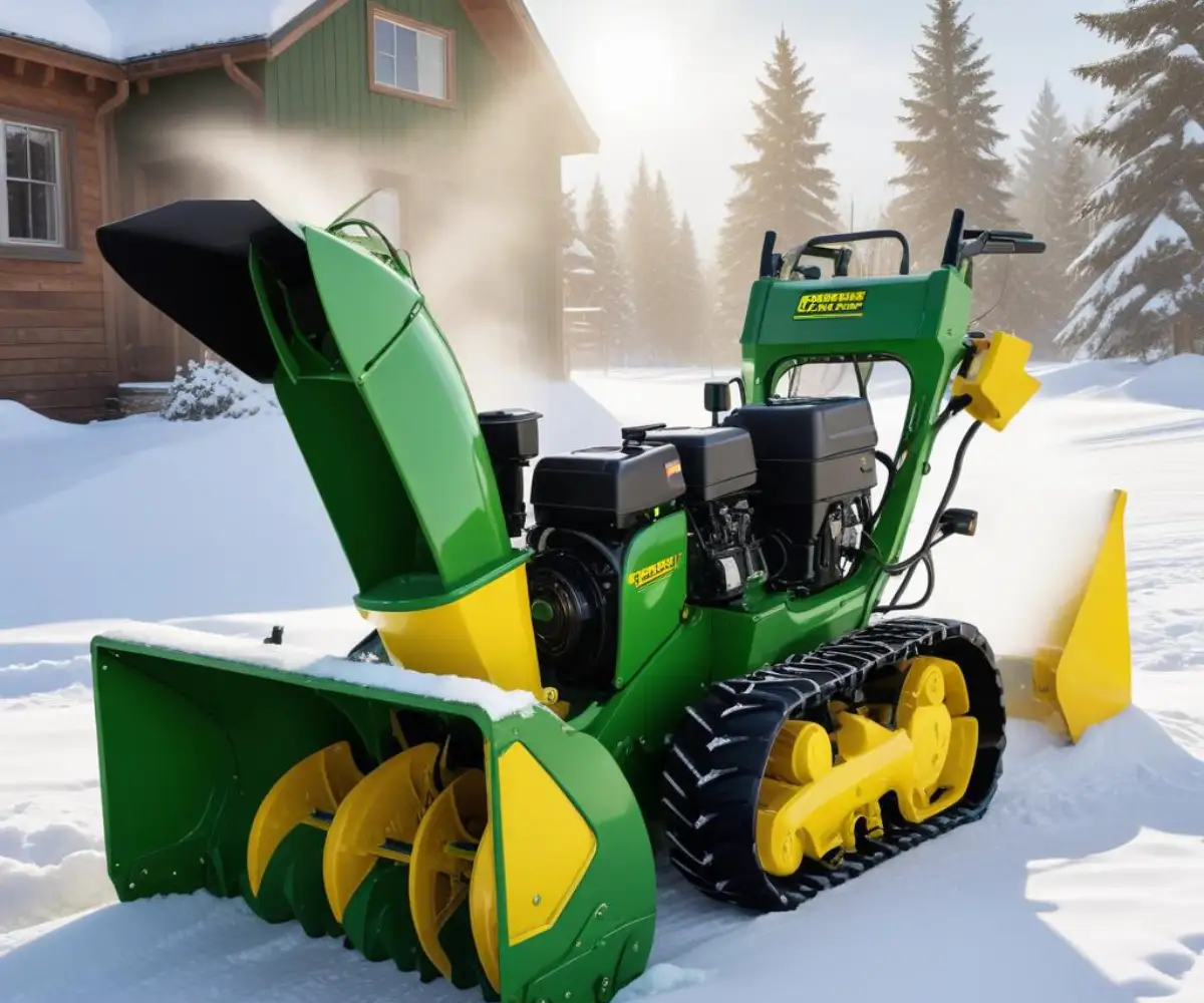 A green and yellow John Deere 826 two-stage snow blower with its auger and discharge chute clearly visible, on a solid white background.