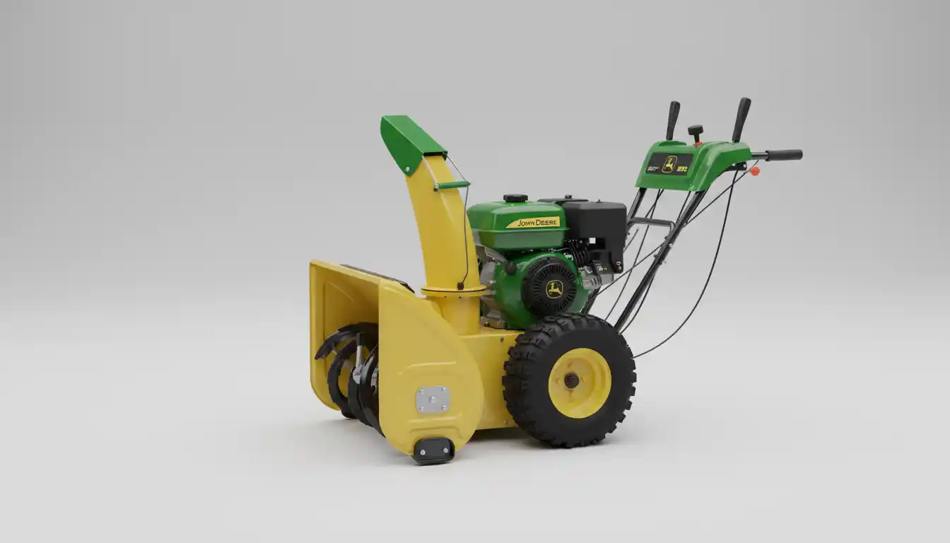 A green and yellow John Deere 827E two-stage snow blower angled to the side on a plain background.
