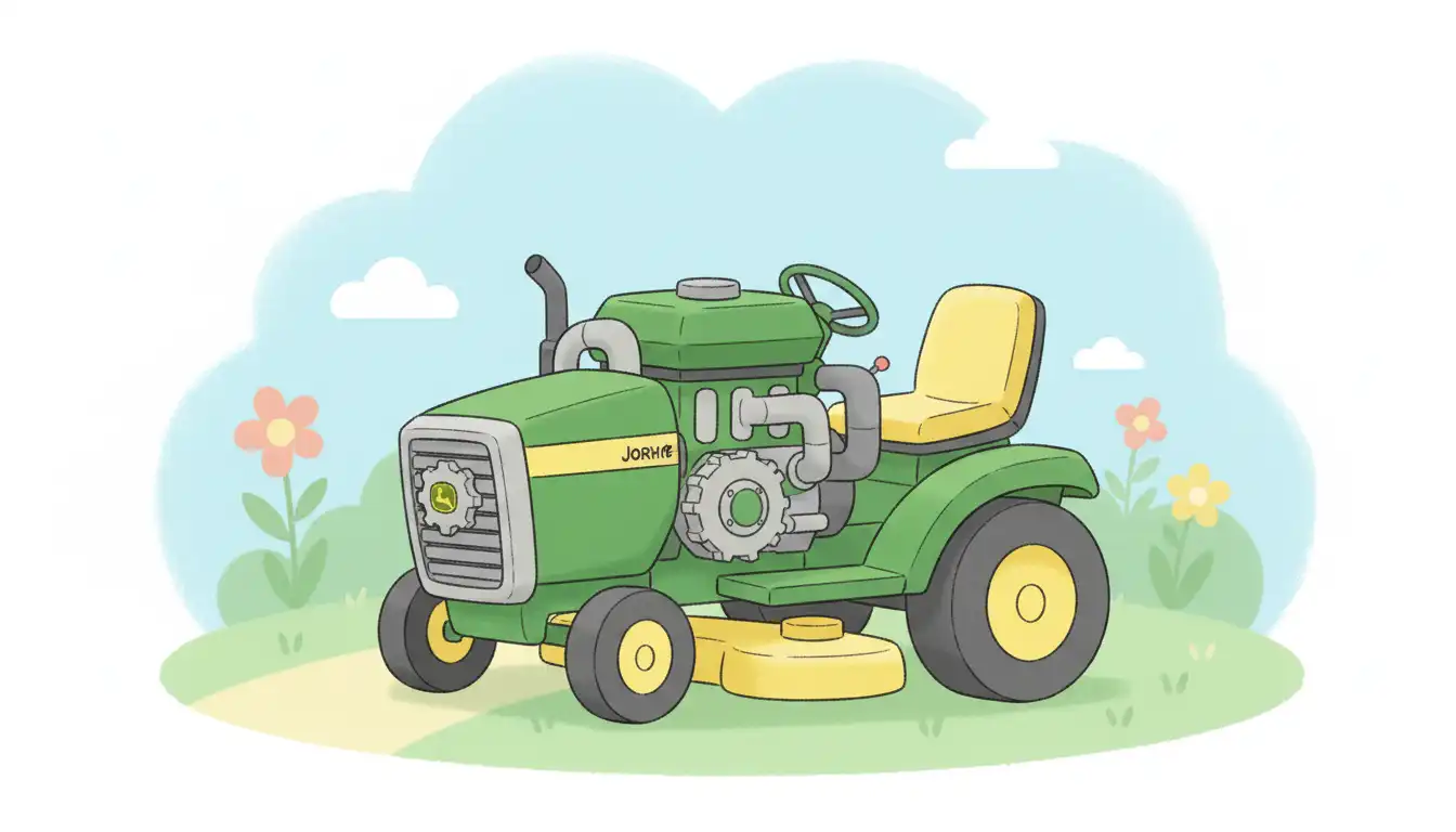 Detailed view of a green and yellow iTorque power system engine mounted on a lawn tractor frame.