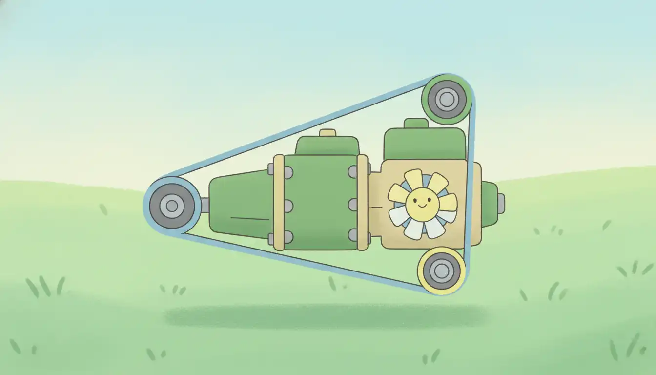 Undercarriage of a green lawn tractor showing the transmission assembly, drive belt, and cooling fan.