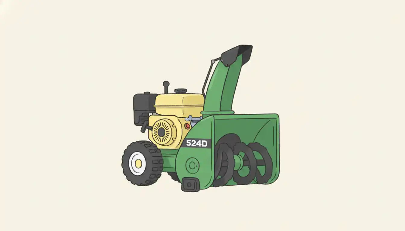 A green and yellow John Deere 524D snowblower on a clean, solid background.