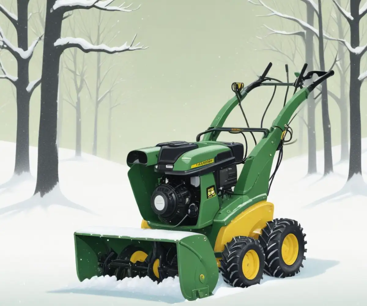 A green and yellow John Deere TRS 26 two-stage snow blower with a black chute and handlebars.