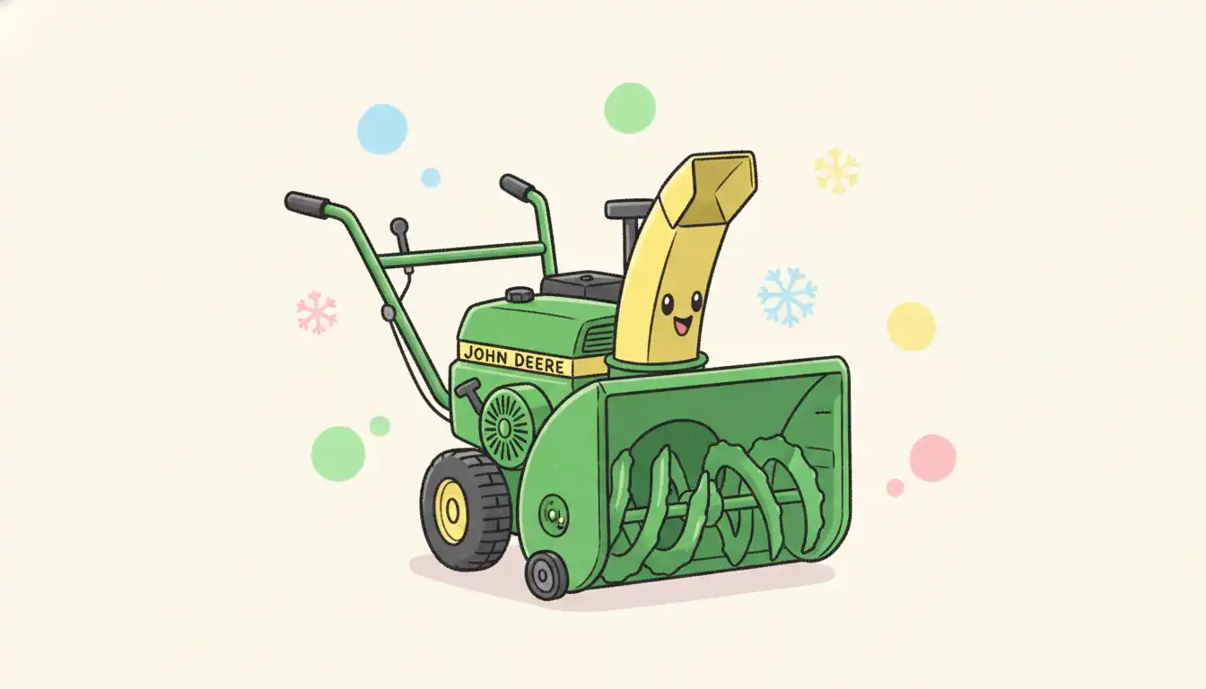A green and yellow John Deere TRS32 two-stage snowblower on a clean, solid-colored background.
