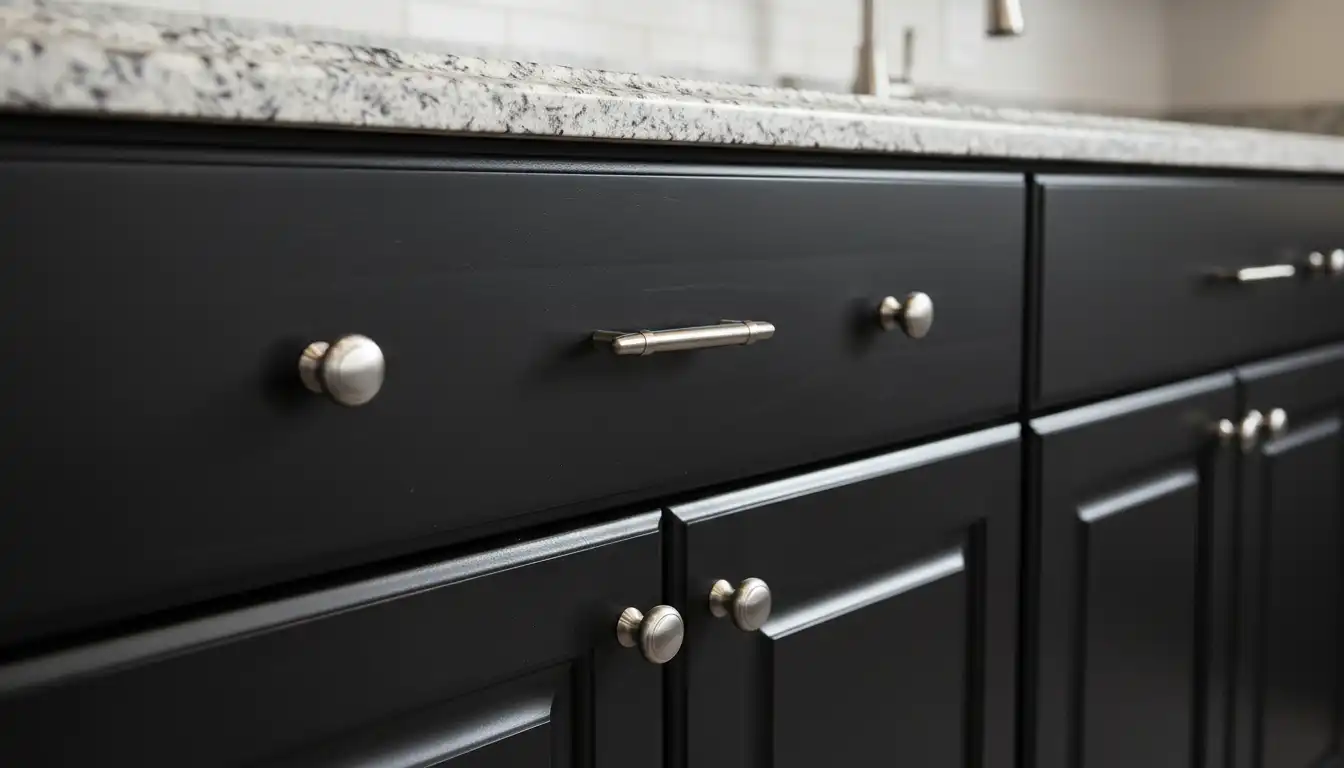 A close-up of dark wood Essex kitchen cabinets with raised panel doors and silver hardware.