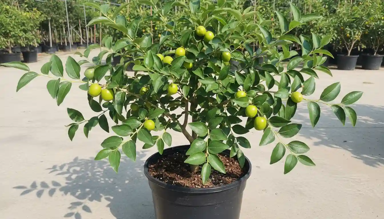 A healthy young jujube tree with glossy green leaves and small, developing green fruit in a black nursery pot.