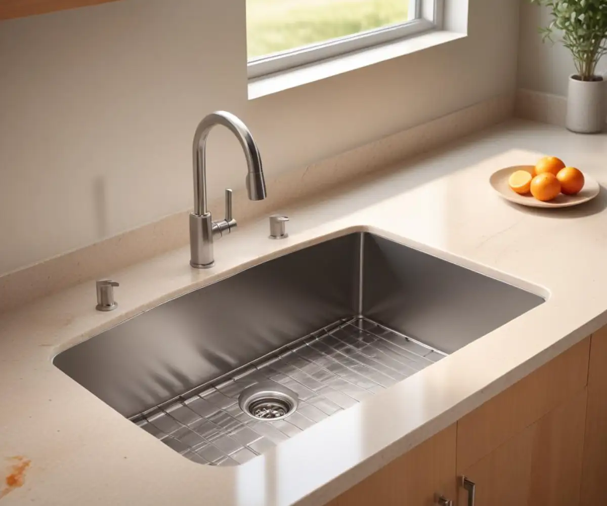 A sleek stainless steel undermount kitchen sink installed in a modern quartz countertop.