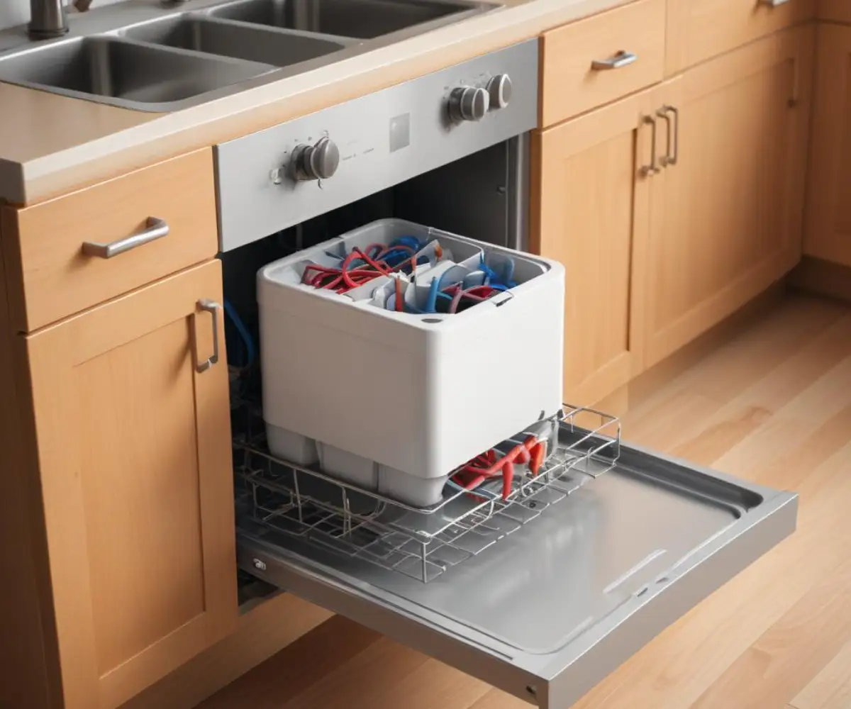 A metal electrical junction box for a hardwired dishwasher, mounted inside an open kitchen cabinet next to the dishwasher space.