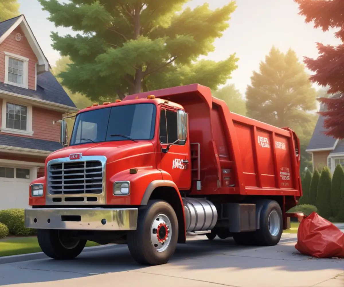 A large red junk removal truck parked in a residential driveway.