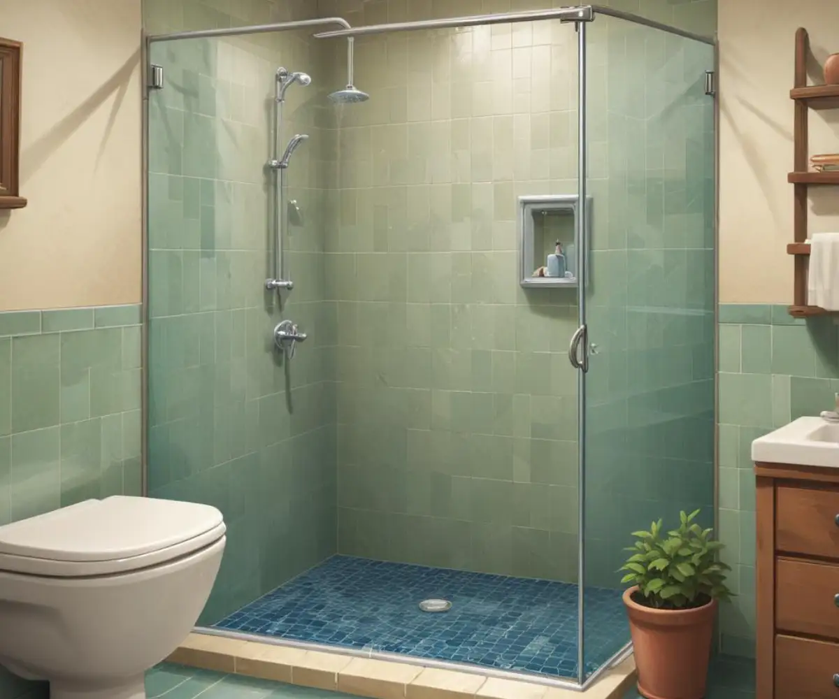 A clean and sparkling tiled shower stall with a glass door and chrome fixtures.