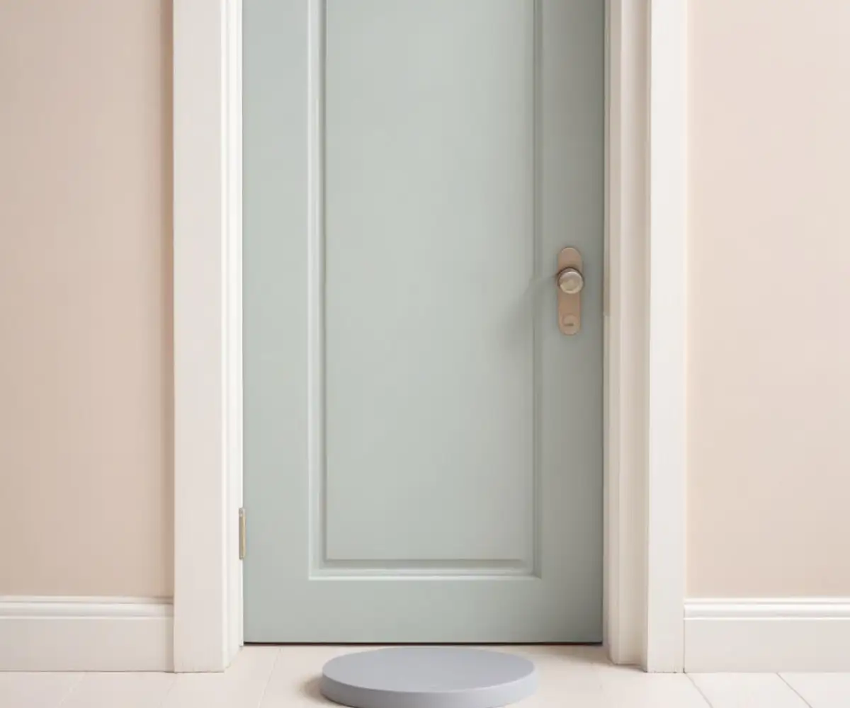 A gray foam door stopper preventing a white interior door from closing fully against a light-colored wall.
