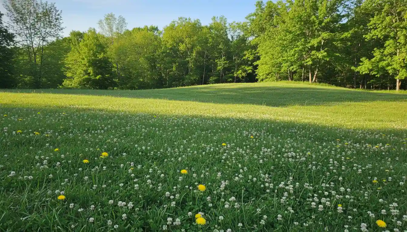 A lush green lawn with white clover flowers and a few yellow dandelions.