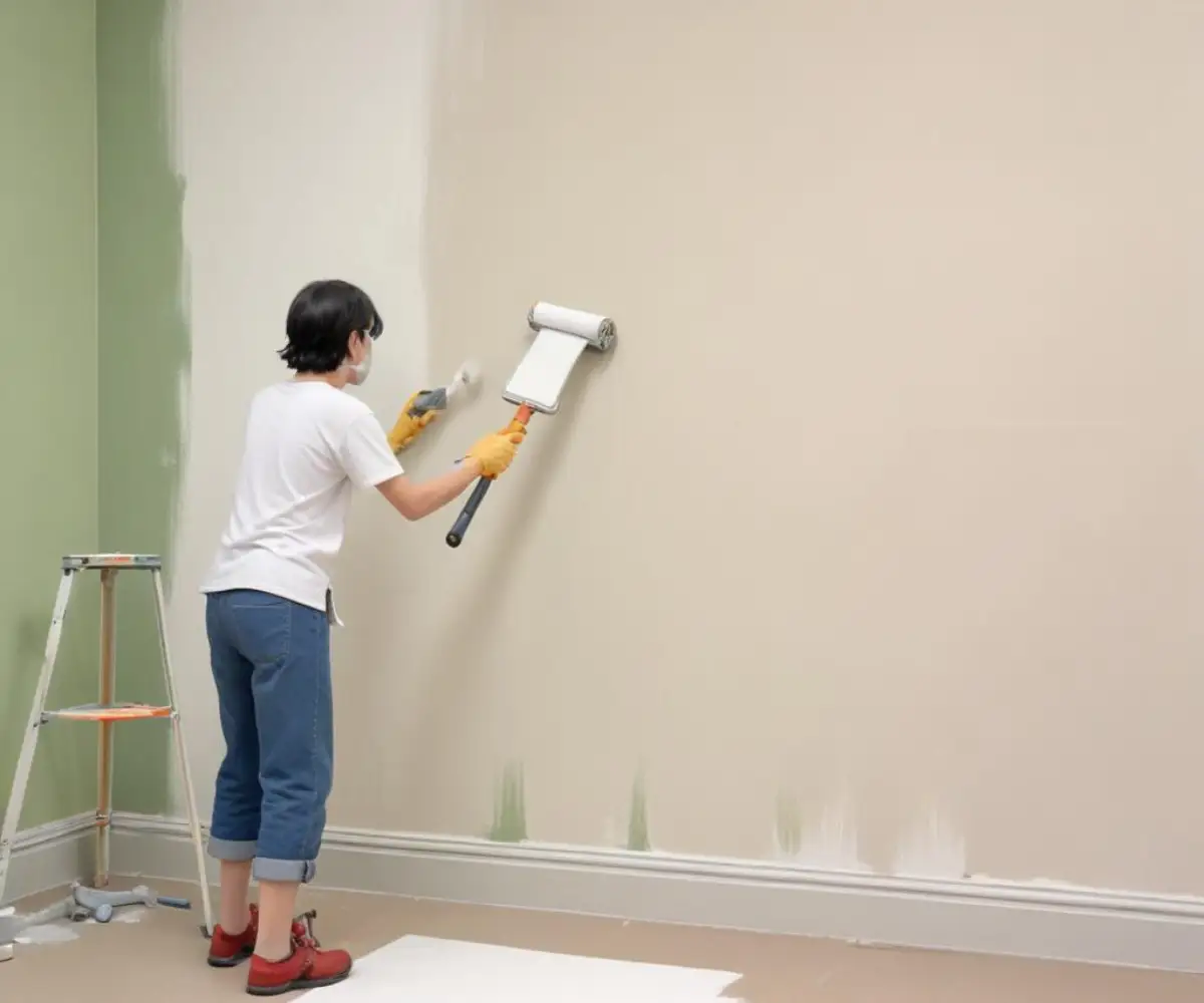 A paint roller applying a smooth, even coat of white primer to a new, unpainted drywall surface.