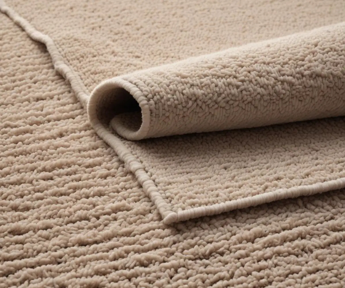 A close-up view of a neutral-toned berber carpet, showing its looped texture and durable weave.