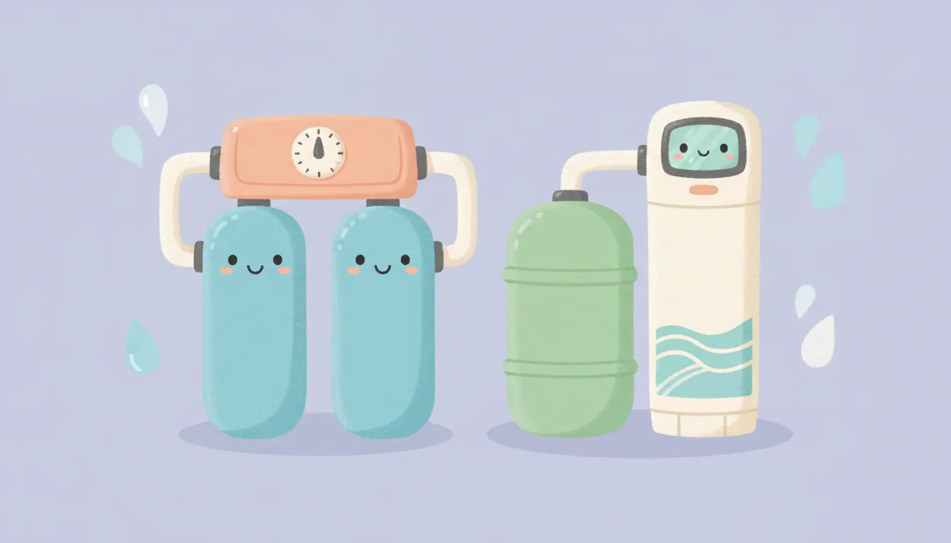A side-by-side view of two different water softener systems against a plain background, highlighting their tanks and control heads.