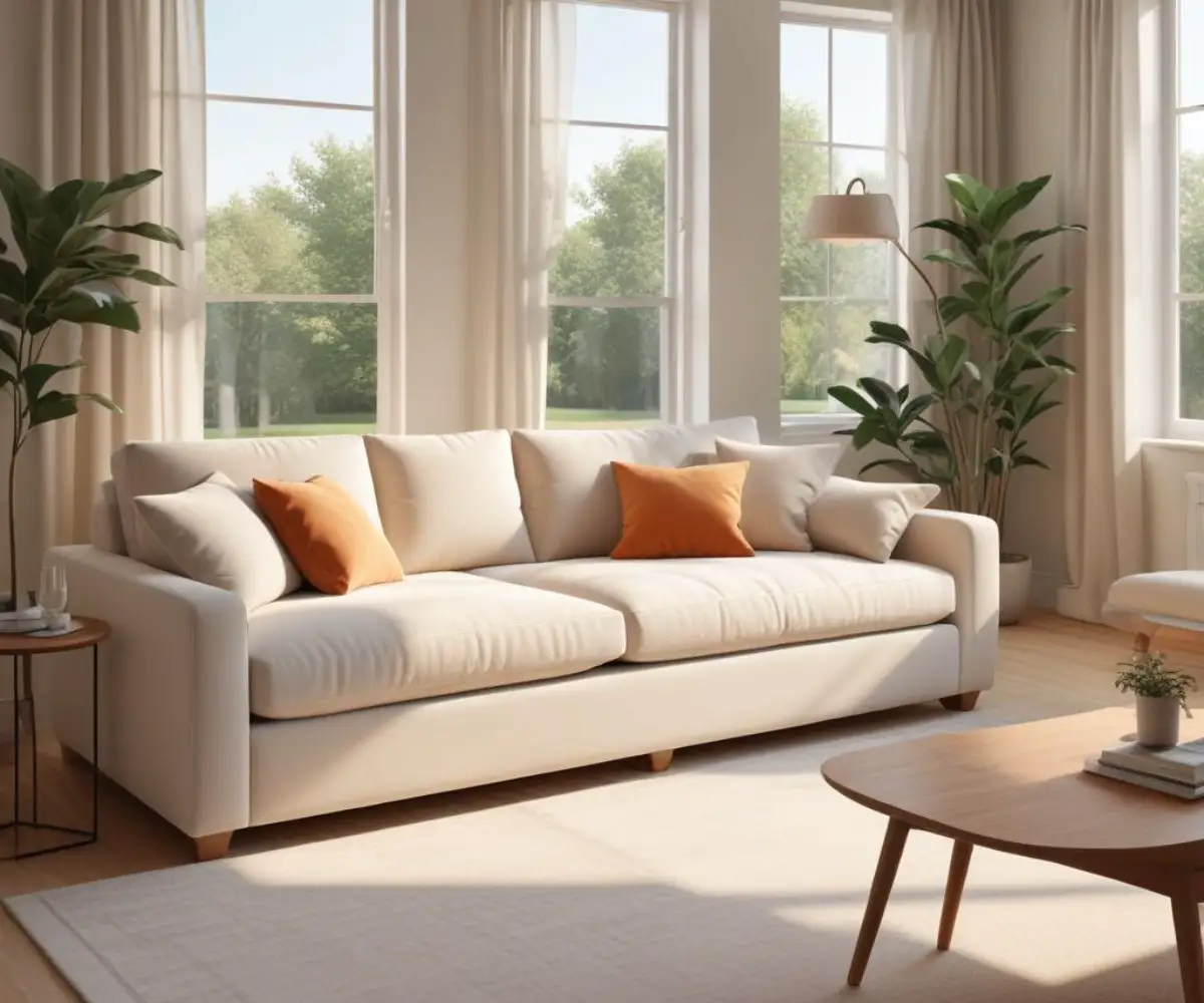 A high-quality fabric upholstered sofa with plush cushions in a neutral-toned living room.