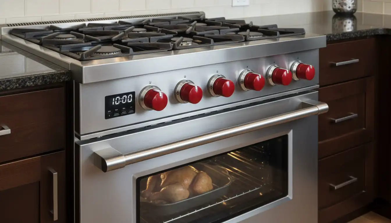 A stainless steel professional-style kitchen range with prominent, bright red control knobs.
