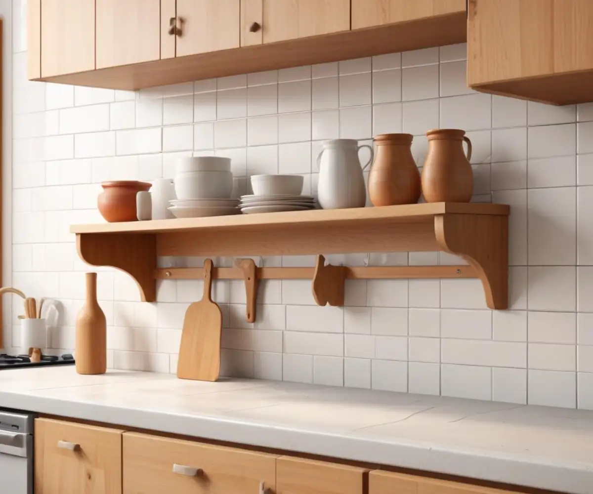 A close-up view of a sagging wooden kitchen cabinet shelf with detached support pegs, set against a white tiled backsplash.