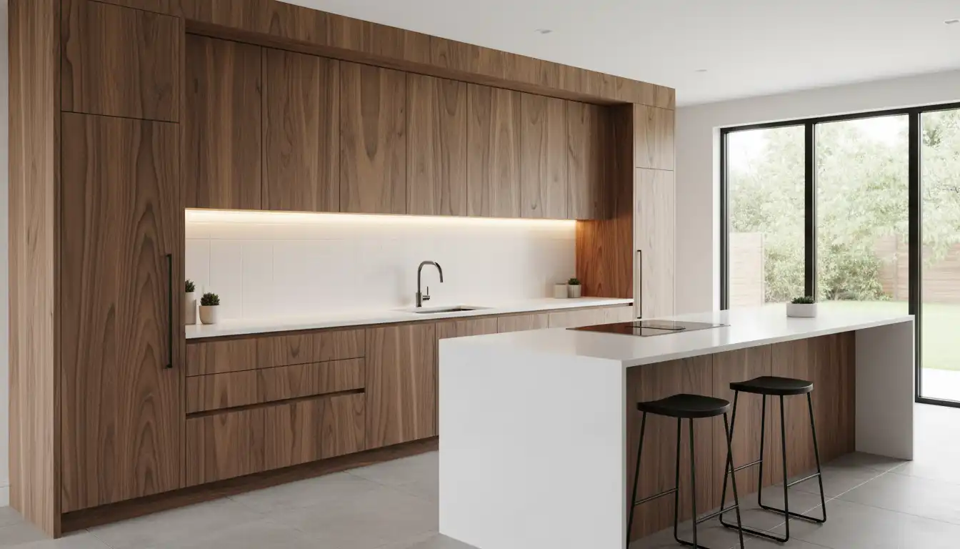 A modern kitchen showcasing natural, unstained walnut cabinets with visible wood grain, paired with a white countertop and sleek hardware.