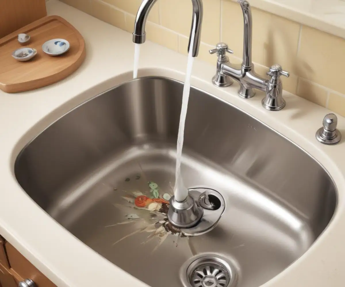 A chrome kitchen faucet with a detached and broken spout resting in a stainless steel sink.