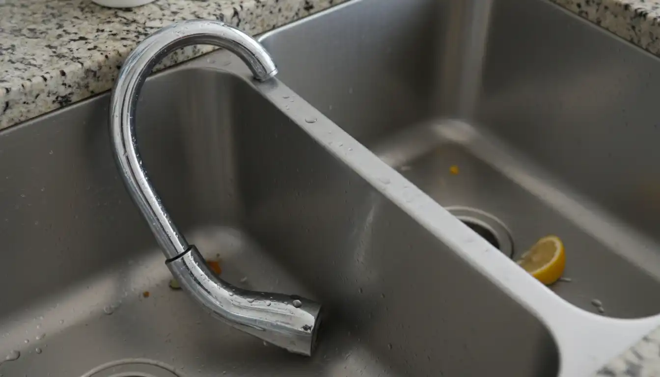 A loose, chrome gooseneck kitchen faucet leaning to one side in a stainless steel sink.