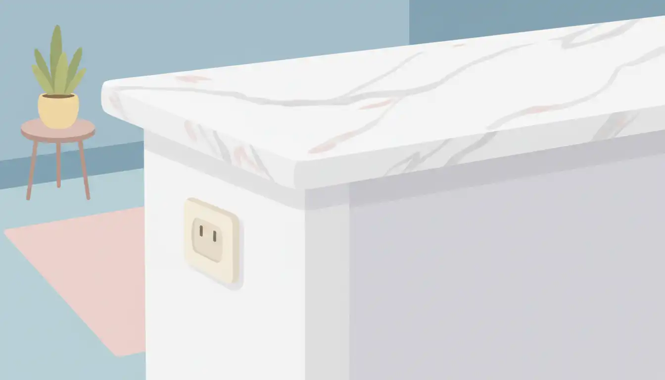 A white marble kitchen island countertop with a built-in electrical outlet discreetly mounted underneath the overhang.
