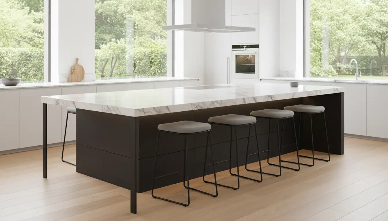 A modern kitchen island with a white marble countertop and a seating overhang on two sides, shown in a brightly lit kitchen.