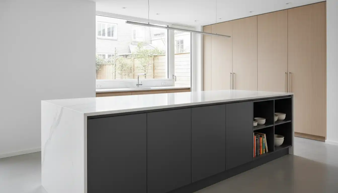 A sleek, modern kitchen peninsula with a white quartz countertop, dark gray base cabinets, and integrated storage, providing additional counter space without seating.