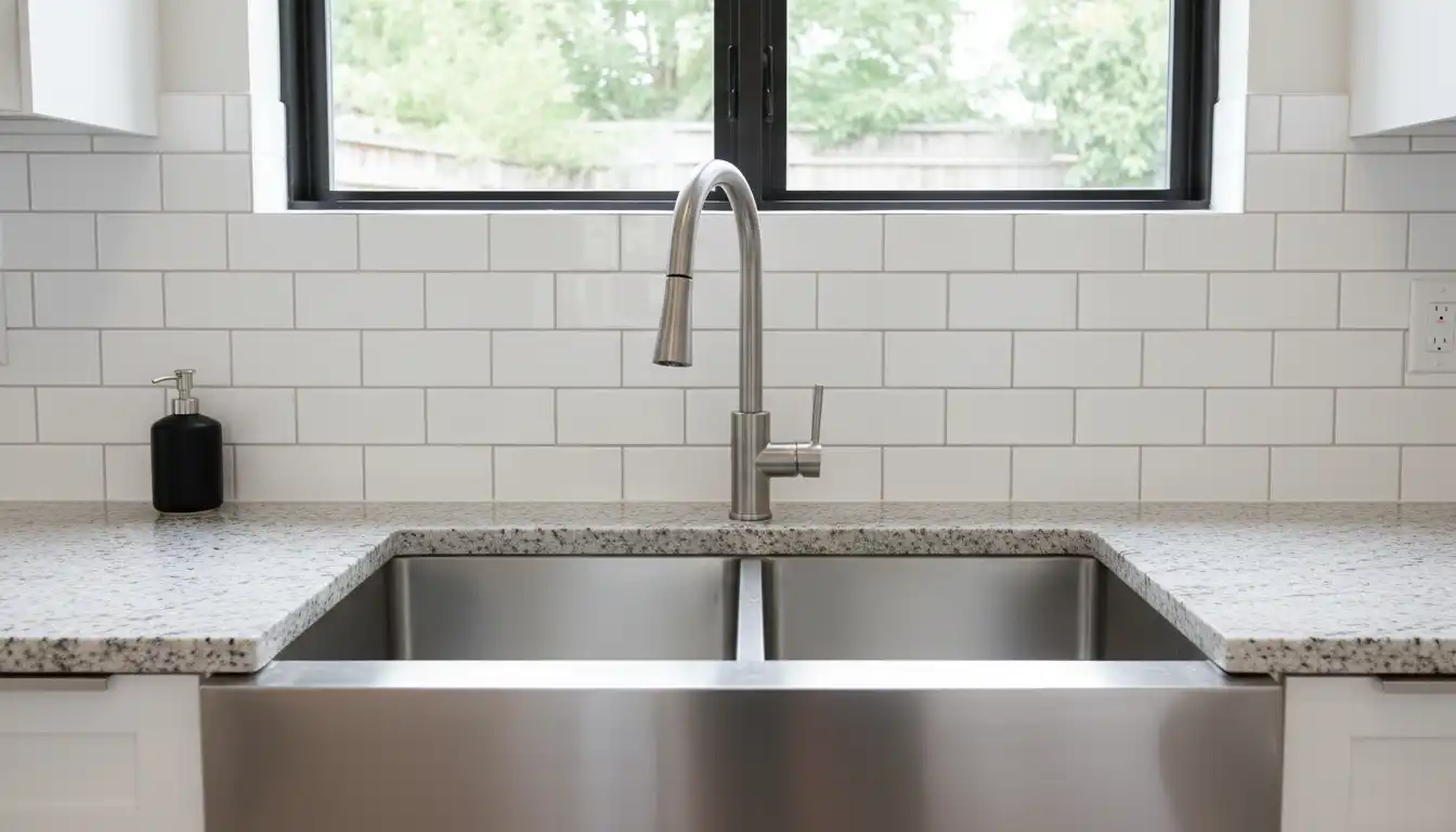 A modern stainless steel kitchen sink installed against a white tiled kitchen wall.