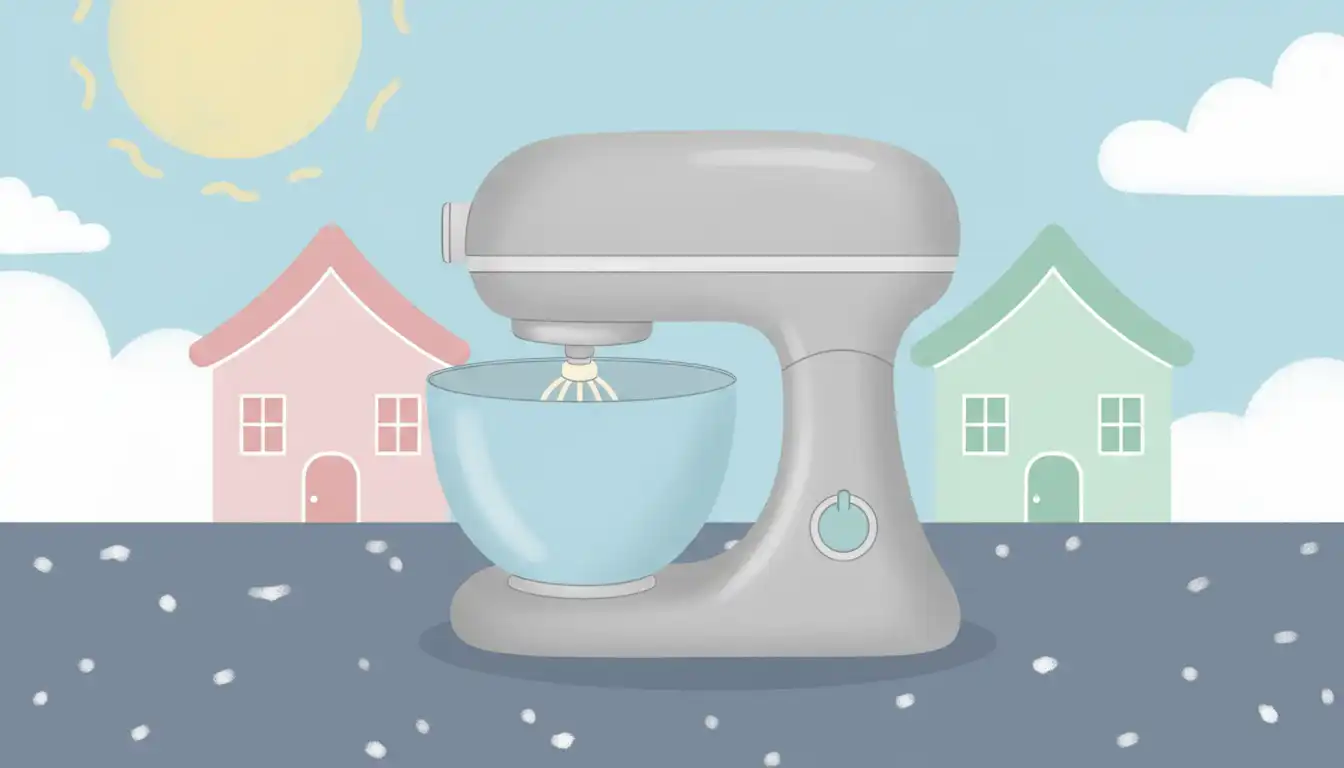 A stainless steel stand mixer positioned on a sleek, dark granite kitchen countertop.