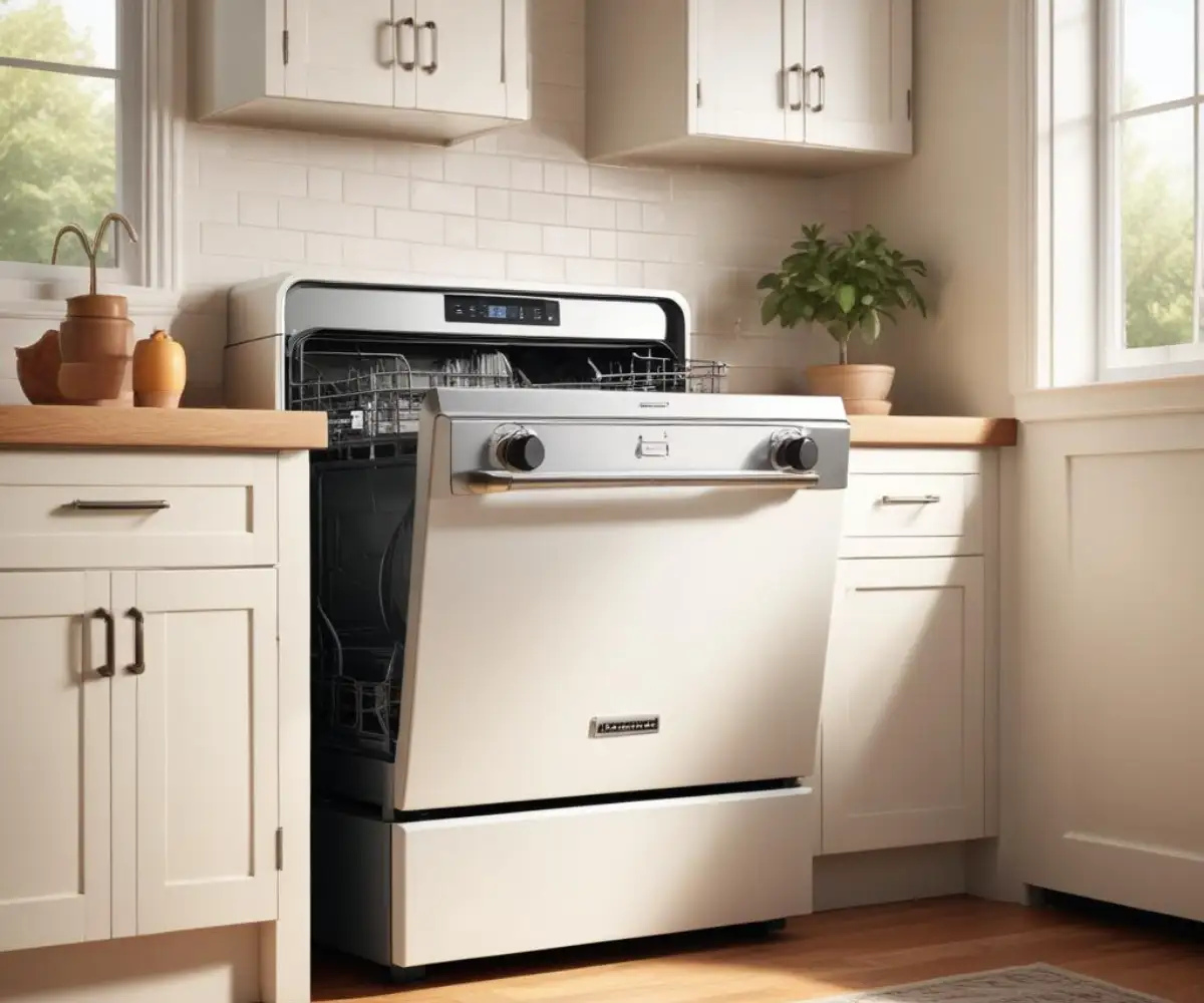 A vintage, built-in KitchenAid Imperial dishwasher by Hobart, featuring a classic white front control panel and a stainless steel tub interior.