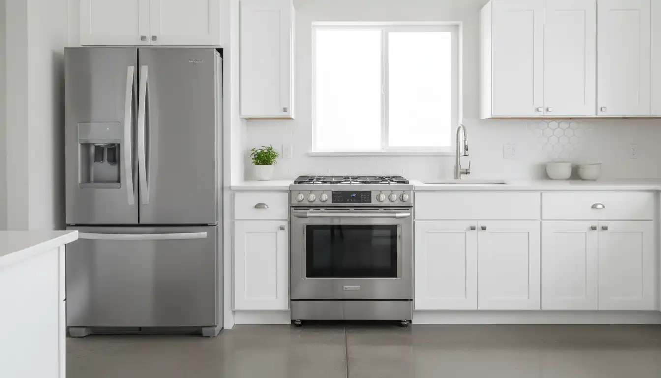 A sleek, stainless steel KitchenAid refrigerator and a modern GE Profile slide-in range sit side-by-side in a bright, contemporary kitchen with white cabinets and quartz countertops.