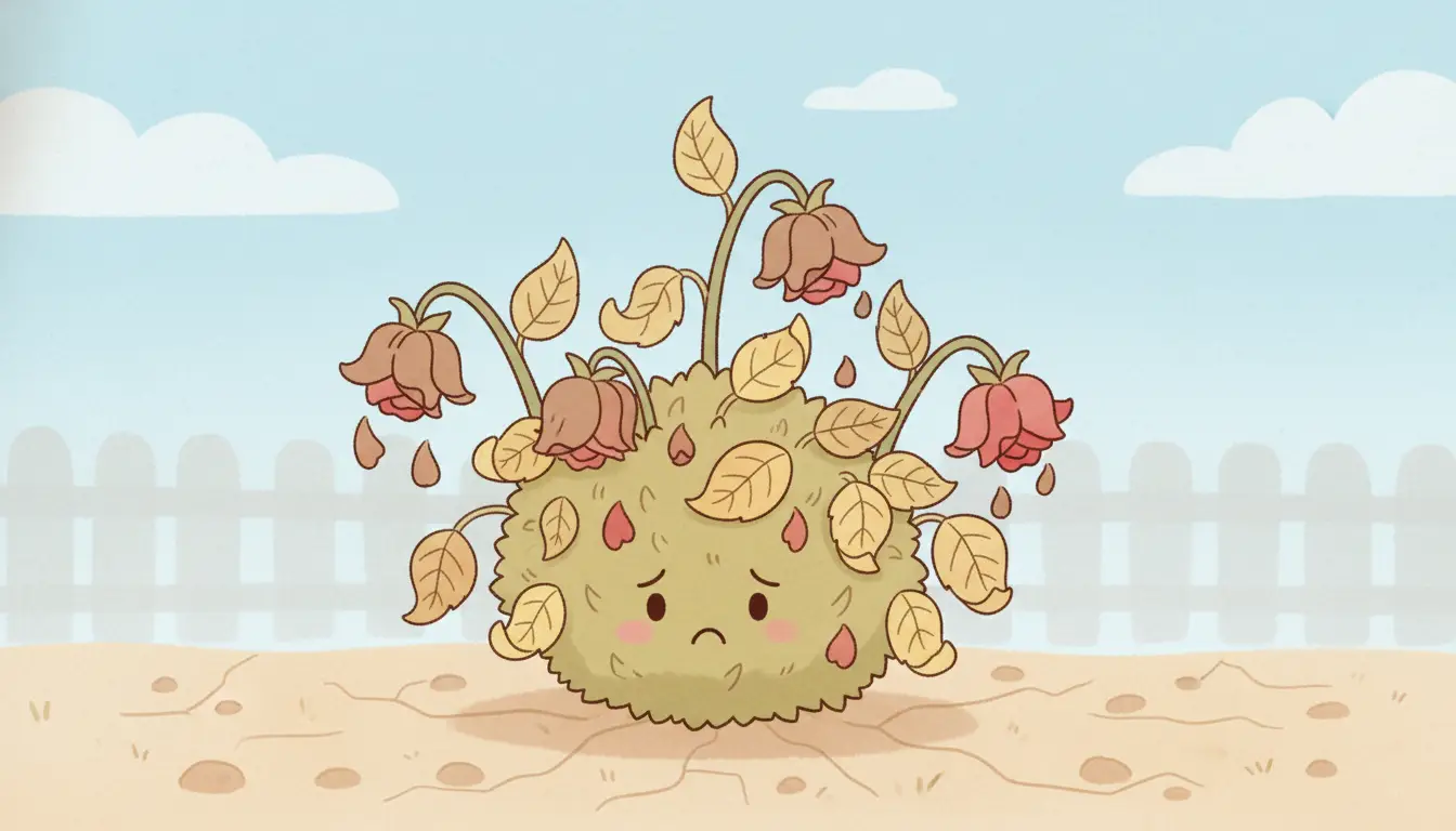 A wilting knockout rose bush with yellowing leaves and brown, dying blooms in a garden bed.