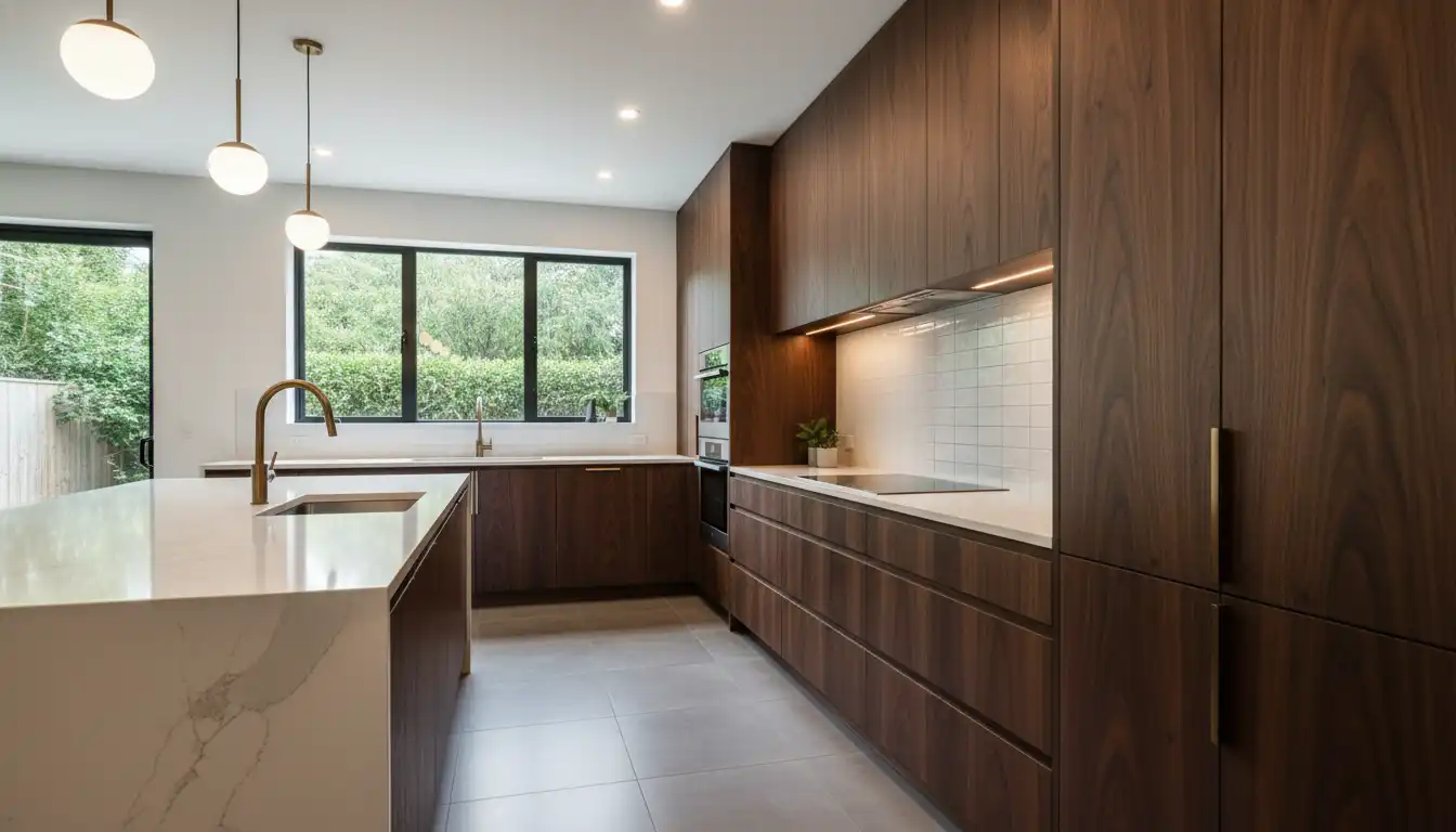 A modern kitchen showcasing elegant, dark wood grain cabinets and a contrasting light-colored countertop.