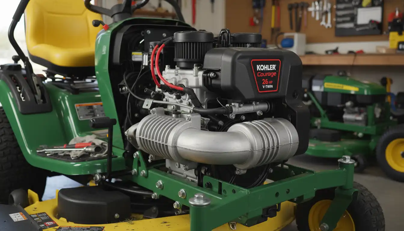 Close-up view of a Kohler Courage 26 horsepower v-twin engine mounted on a riding lawn mower.