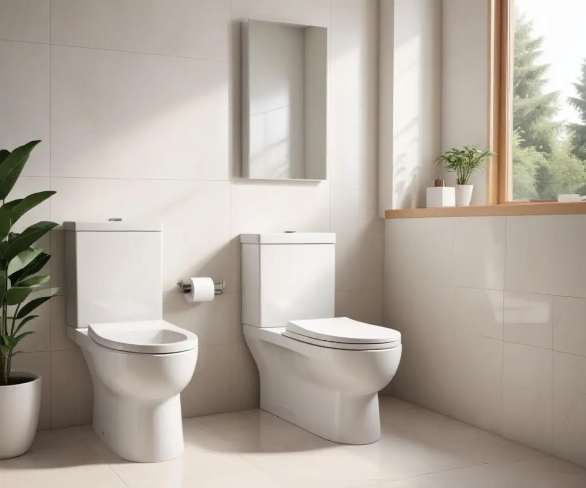 Side-by-side view of two different white two-piece toilets in a modern bathroom setting.